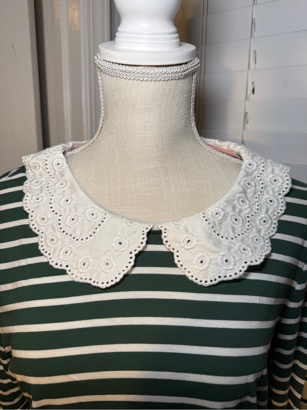 Boden Green and White Striped Long-Sleeve Top with Lace Collar - Picture 3 of 6